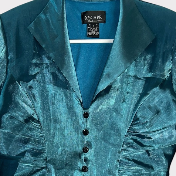 Xscape Joanna Chen Teal Ruched Satin Blazer Jacket Size 6 Party Formal Glam‎ - Picture 4 of 8